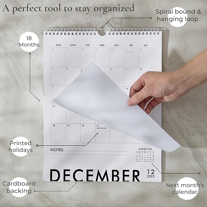 Modern Vertical Wall Calendar 2024-2025 - 18 Month Calendar July 2024 - December 2025, 11x13.5 Inches Sleek Black & White Design with Spiral Twin-Wire Binding