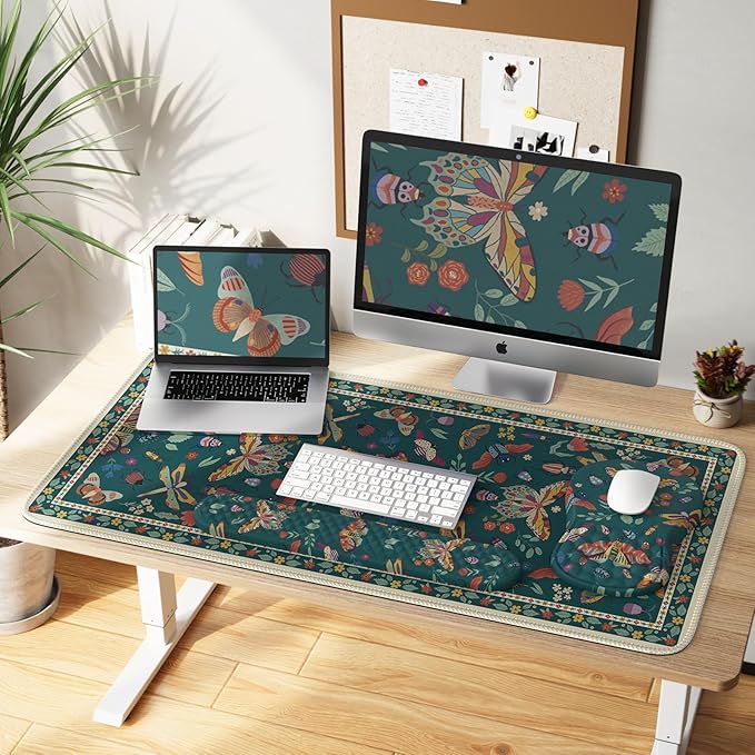 iLeadon Desk Pad Mat for Keyboard and Mouse,4in1 Green Large Mouse Pads Set for Desk,Ergonomic Wrist Rest for Computer Keyboard,Cup Coaster with Non-Slip Rubber Base for Home Office,Dark Green Insect