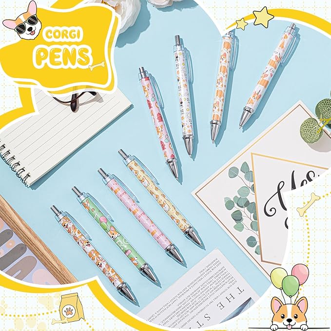 Ireer 8 Pcs Ballpoint Pens for Women 1.00 mm Cute Black Ink Fancy Pens Fine Point Smooth Writing for Journaling Aesthetic Office Supplies(Corgi)