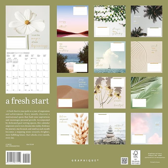 Graphique 2025 A Fresh Start Post Wall Calendar | 12” x 12” | Thick Paper | Home & Office Organizer | Large Monthly Grid | 3 Languages & Marked Holidays | 4 Month Preview Page for 2026