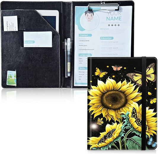 Padfolio Folder with Clipboard,Portfolios Organizer Clipboards with Storage Clipboard Writing Pad PU Leather Conference Document Organizer with Business Card Holder,Sunflower Butterfly