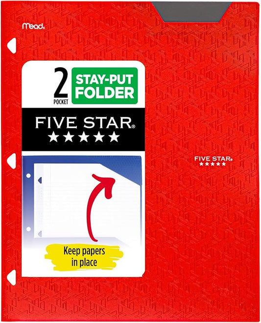 Five Star 2-Pocket Folder, Plastic Folder with Stay-Put Tabs, Fits 3 Ring Binder, Holds 8-1/2" x 11" Paper, Red (333420D-ECM)