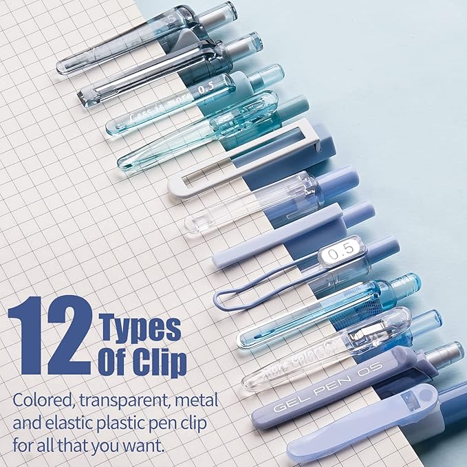 Four Candies 12Pack Pastel Gel Ink Pen Set, 11 Pack Black Ink Pens with 1Pack Highlighter for Writing, Retractable 0.5mm Fine Point Cute Note Taking Pens for School Office (Blue)