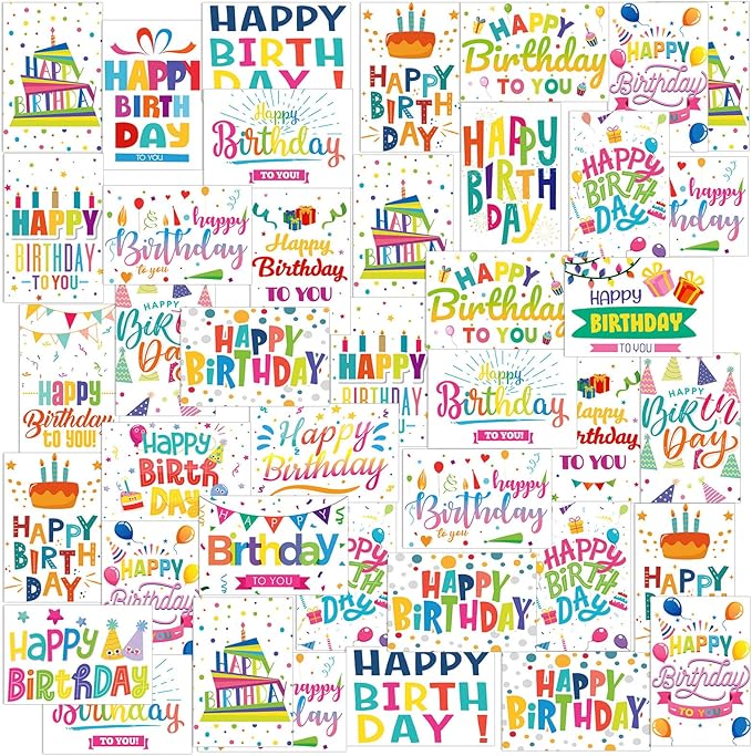 Harloon 200 Pack Happy Birthday Card Assorted Bulk with Blank Envelopes and Stickers 4 x 6 Inches Greeting Blank Happy Birthday Cards for Men Women Adults Kids, 20 Styles(Colorful Words)
