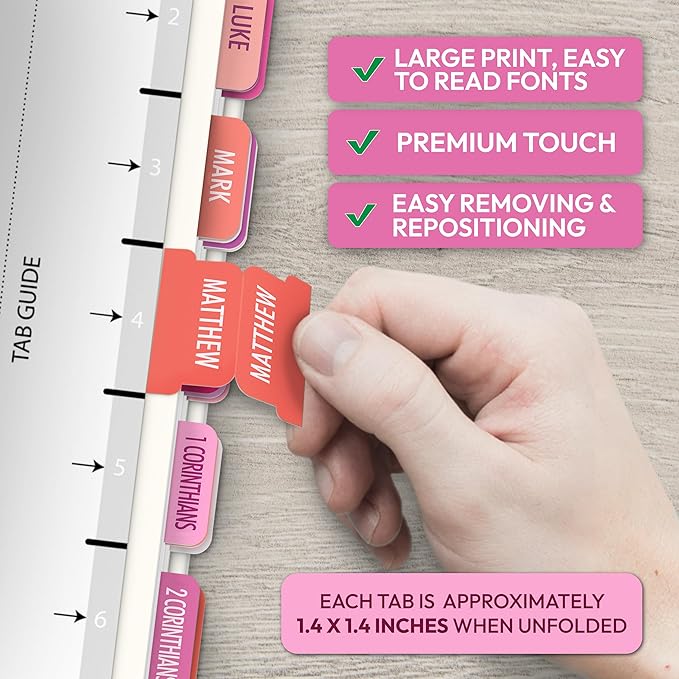 Pink Bible Tabs, 90 Large Print Bible Index Tabs for Study Bible, Laminated Easy-to-Read Label, Christian Gift for Women, Men, Kids