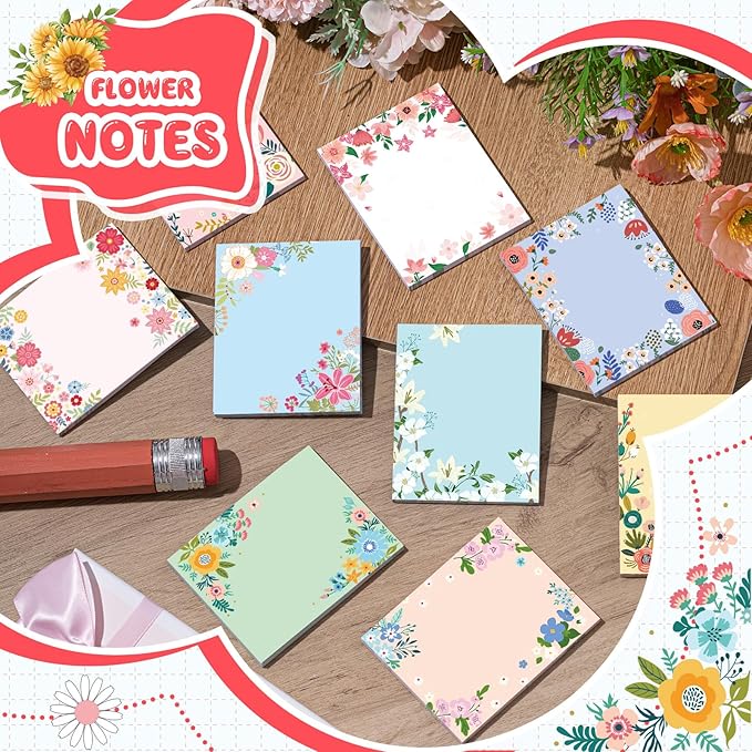 Sabary 9 Pads Sticky Notes 3.15 x 3.94 Inches Cute Self Sticky Note Pads Colored Adhesive Notepad for Memo Reminder Journal Studying Office Home Gift (Flower)