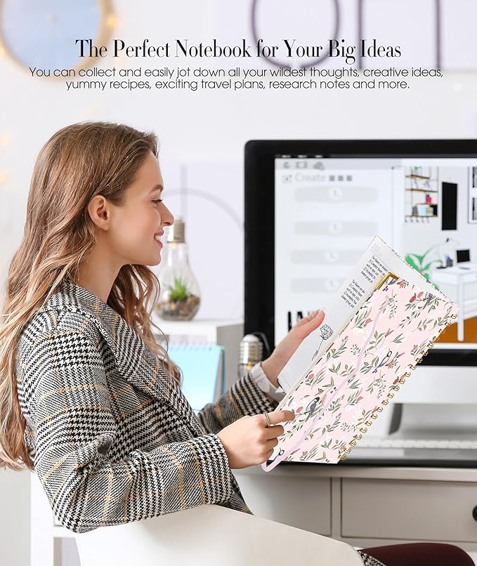 Cute Spiral Notebook Journal for Women, 160 Pages Lined Notebooks 5.75” x 8.38”, A5 Hardcover Spiral Journals with 100 GSM Thick Paper, College Ruled Notebook for Writing Work School, Woodland Floral