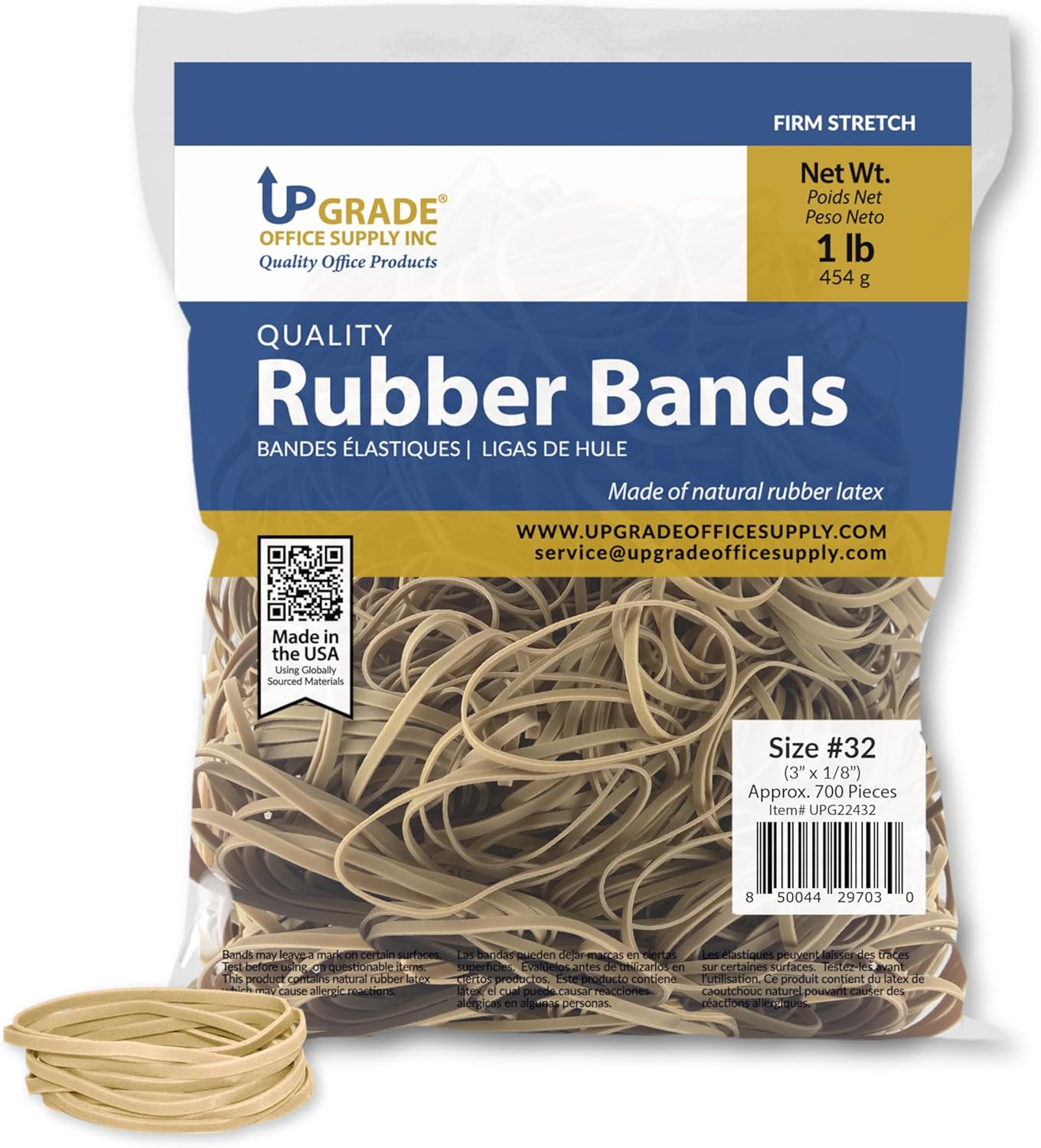 Upgrade Office Supply UPG22432 Rubber Bands, Size 32 (3 x 1/8), 700 Count, 1 lb Bag, USA