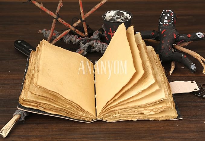 Handmade Leather Journal, Black, Sun & Moon Design, 8 x 6 Inch, 200 Unruled Pages, Hand Embossed, Deckle Edge Paper, Brass Clasp Lock, Vintage Notebook Diary, Sketchbook for Artists & Writers