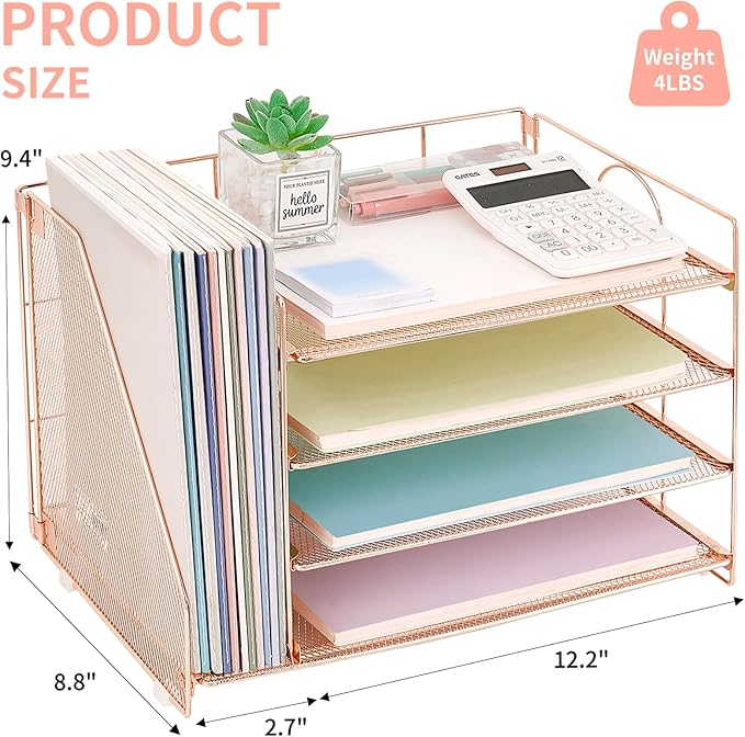 OPNCIE Desk Organizers and Accessories, 4 Tier Paper Letter Tray File Organizer, Office Organization Storage Desk Accessories Workspace Desktop Organizer for Classroom Office Supplies Decor, Rose Gold