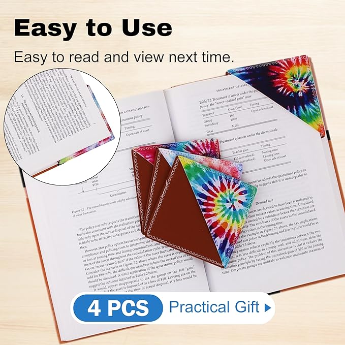 4 Pieces Leather Bookmarks, Cute Book Accessories for Reading Lovers, Page Markers for Women Men Kids Students Teachers Retirement Birthday Gift (Tie-Dye Print)