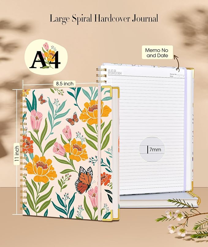 Cute Spiral Notebook Journal for Women, 200 Pages Lined Notebooks 8.5” x 11”, A4 Large Hardcover Spiral Journals with 100 GSM Thick Paper, College Ruled Notebook for Writing Work School, Orange Floral