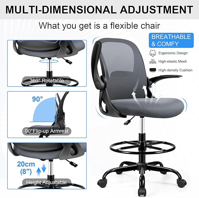 Drafting Chair Tall Office Chair with Flip-up Armrests, Adjustable Height, Enhanced Lumbar Support Ergonomic Rolling Stool, Back Support, Adjustable Foot Rest Ring for Standing Desk Dark Gray