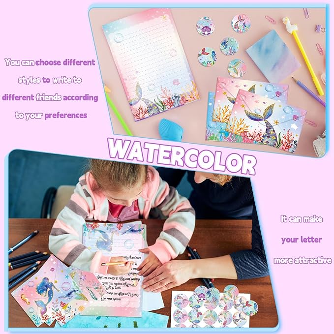 TaoBary 160 Packs Stationery Paper Set (50 Double Sided Stationery Writing Papers 50 Matching Envelopes) 60 Round Dot Sticker, 10 Design(Mermaid,5.5 x 8.25 Inch)