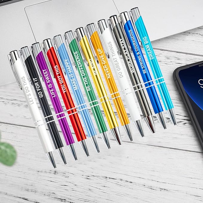 PASISIBICK 12 Pieces Inspirational Motivational Quote Ballpoint Pens Gifts Encouraging Metal Writing Pen for Students Coworkers Teacher Bosses, 12 Colors