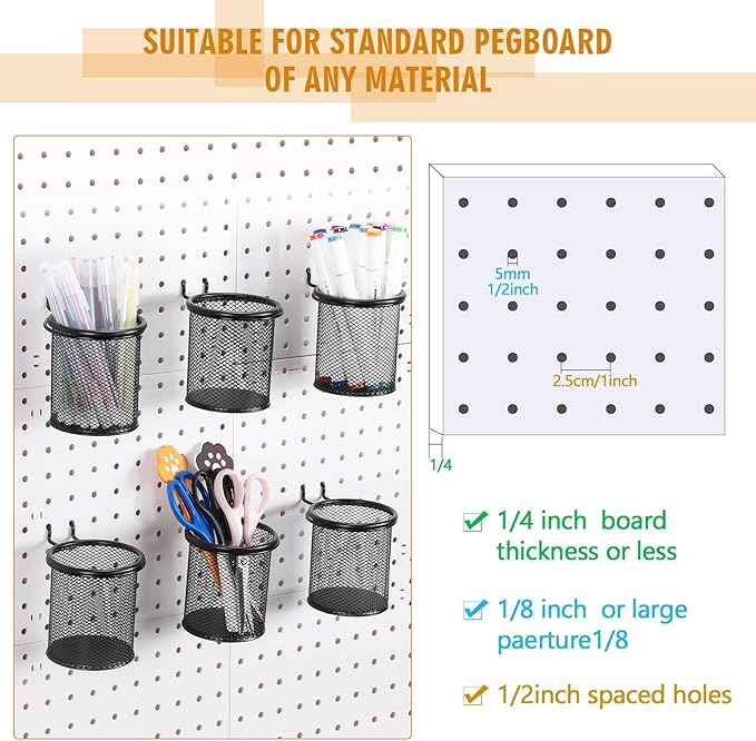 Spakon 6 Sets Pegboard Cups with Ring Hook Pegboard Bin Holder Pegboard Organizer Multipurpose Pen Cup Metal Pencil Holder Peg Board for Desk Office Garage (Black,2.95x2.95x3.74'',Straight)