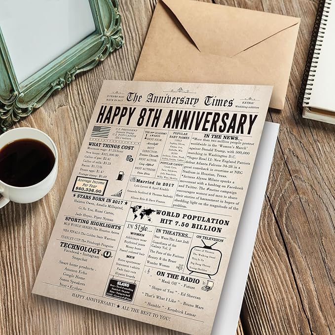 Jumbo 8th Anniversary Card for Women Men, Vintage 8 Year Anniversary Card Gift for Couple Parents, Retro 8 Wedding Anniversary Cards for Wife Husband