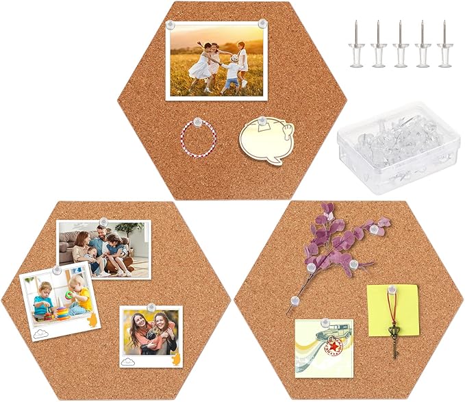 FEBSNOW 3 Pack Self-Adhesive Cork Board Tiles Hexagonal Cork Board Mini Wall Bulletin Board with 50 Multi-Color Push Pins
