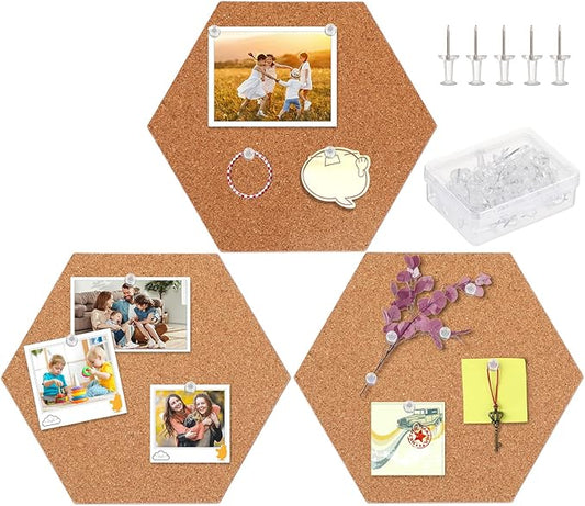 FEBSNOW 3 Pack Self-Adhesive Cork Board Tiles Hexagonal Cork Board Mini Wall Bulletin Board with 50 Multi-Color Push Pins