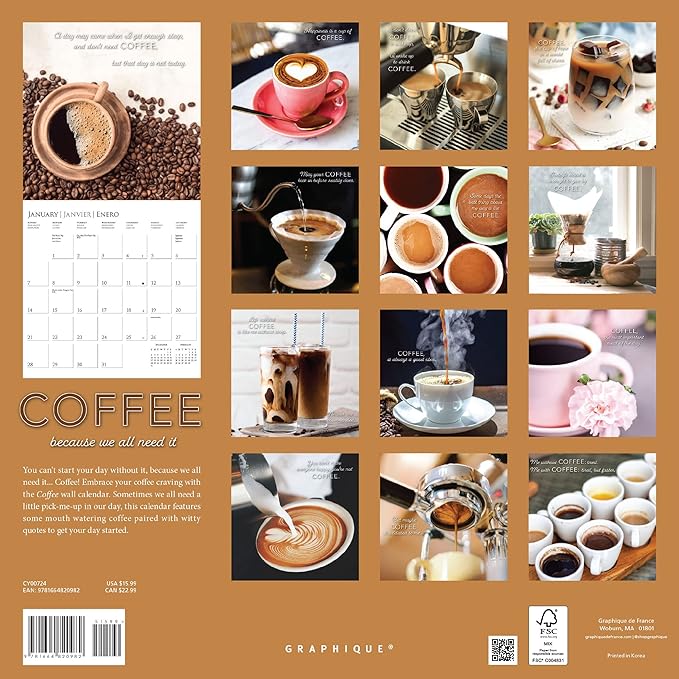 Graphique 2024 Coffee Wall Calendar | 12” x 12” | Thick Paper | Home & Office Organizer | Large Monthly Grid | 3 Languages & Marked Holidays | 4 Month Preview Page for 2025