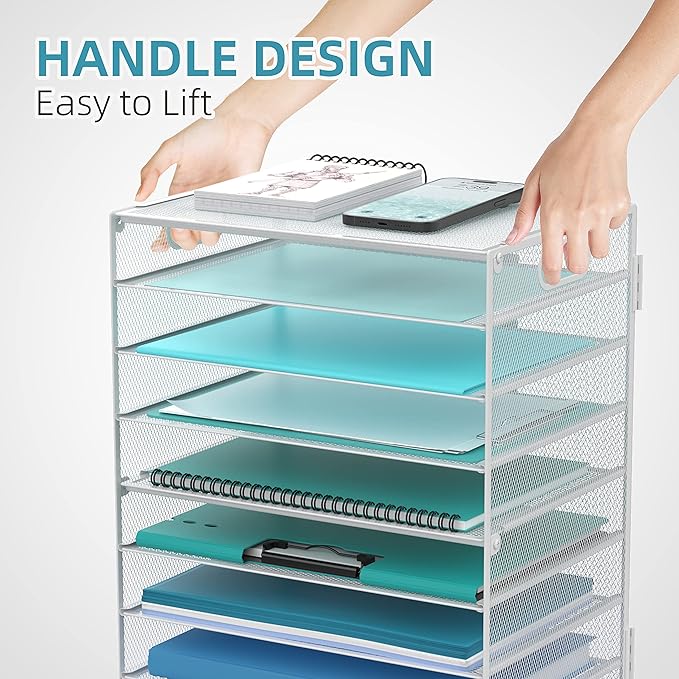 DALTACK 9-Tier Paper Letter Tray Desk Organizer with Handles, Mesh File Holder Organization, Paper Sorter Desk Organizer for Office Home School, White