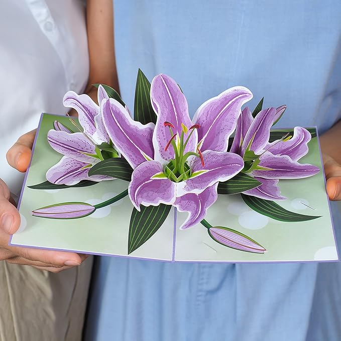 Paper Love 3D Purple Lilies Pop Up Card, Gift for Birthday, Wedding, Anniversary, Mothers Day, Thank You, Get Well, All Occasion or Just Because - 5" x 7" Cover - Includes Envelope and Note Tag
