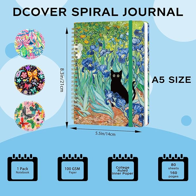 Yoiilifee Spiral Notebook - A5 Spiral Notebooks, 8.3'' × 5.8'', 160 Pages, Aesthetic Journaling Notebooks for Women, College Lined Notebook with Elastic Closure, Back Pocket, for School Office, CatB