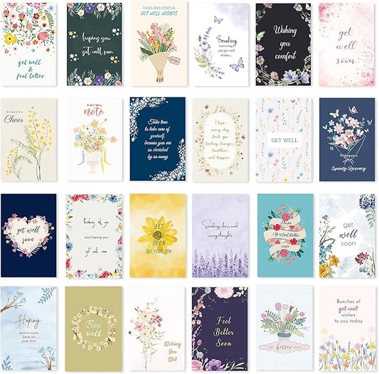 24 Pack Floral Get Well Cards with Self-adhesive Envelopes, 4"x6" Boxed Prefilled Greeting Note Cards to Friends, Relatives or Loved One, 24 Unique Designs