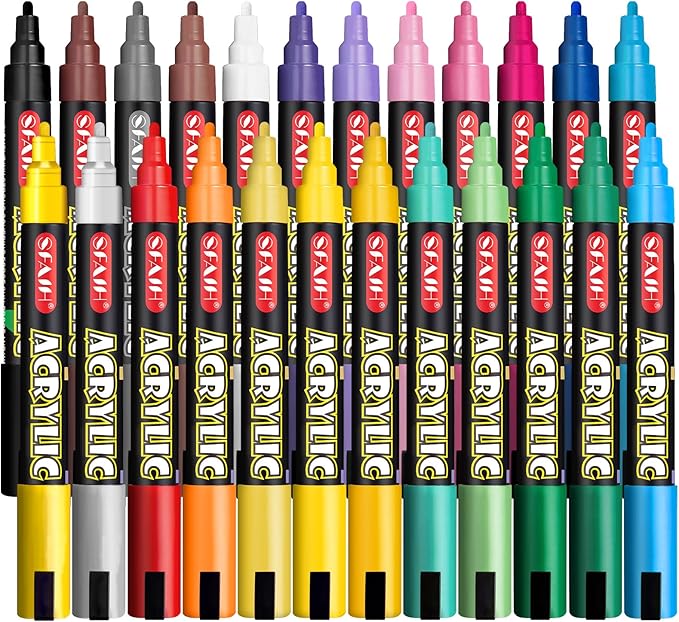 SFAIH Acrylic Creative Markers - 3mm Replaceable Nibs 24 Colors, Large Ink Capacity, Ultra-High Coverage, Non-Bleeding Water-Based Ink, Drawing Markers for Art Supplies, Wood, Fabric, Rock Painting