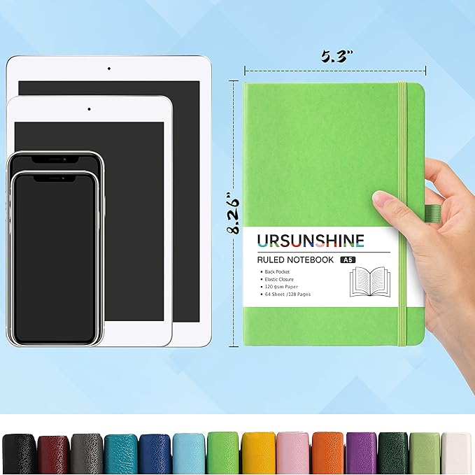 Ruled Notebook/Journal - Classic Lined Journal/Notebook, Hardcover with Thick Paper, 5.3" x 8.26", Banded + Pen Holder +Inner Pocket - Prasinous