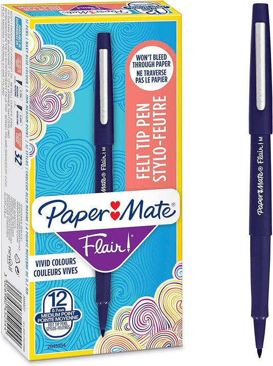Paper Mate Flair Felt Tip Pens | Medium Point (0.7 mm) Writing Pens | Navy Blue Pens | for Writing, Drawing & Sketching | 12 Count