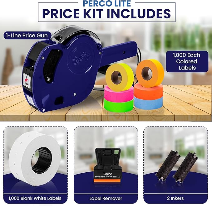 Perco Lite 1 Line Price Gun with Labels Kit - Includes 1 White Roll, 6 Multicolored Rolls, 2 Ink Rollers, 1 Ink roll and Labels Pre-Loaded