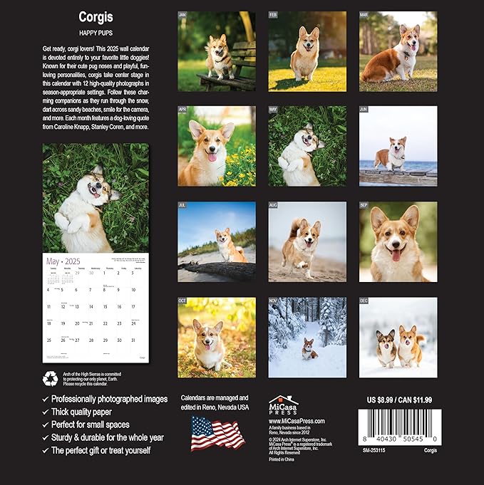MICASA Corgis Mini 2025 Wall Calendar 12 Month | 7" x 14" Open | Thick & Sturdy Paper | Giftable | Calendar 2025