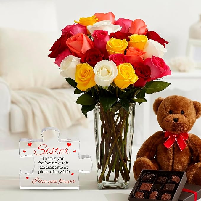 VELENTI Birthday Gifts for Sister - Engraved Acrylic Block Puzzle Sister Present - Cute Birthday Gifts from Sister,Paperweights Happy Birthday Sister Gift from Brother