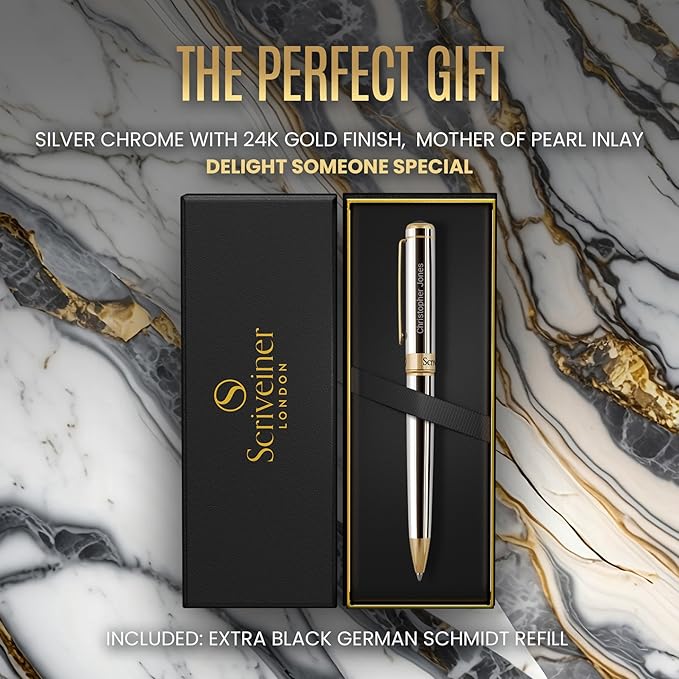 Scriveiner Personalized Silver Chrome Ballpoint Pen - Stunning Luxury Pen, 24K Gold Finish, Schmidt Ink Refill, Best Engraved Ball Point Gift Set for Men & Women, Custom Name Engraving