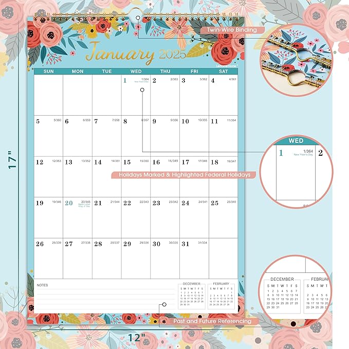 2025 Wall Calendar - Calendar 2025, 12 Monthly Wall Calendar 2025 from Jan. 2025 - Dec. 2025, 12" x 17", Perfect for Home & Office Planning