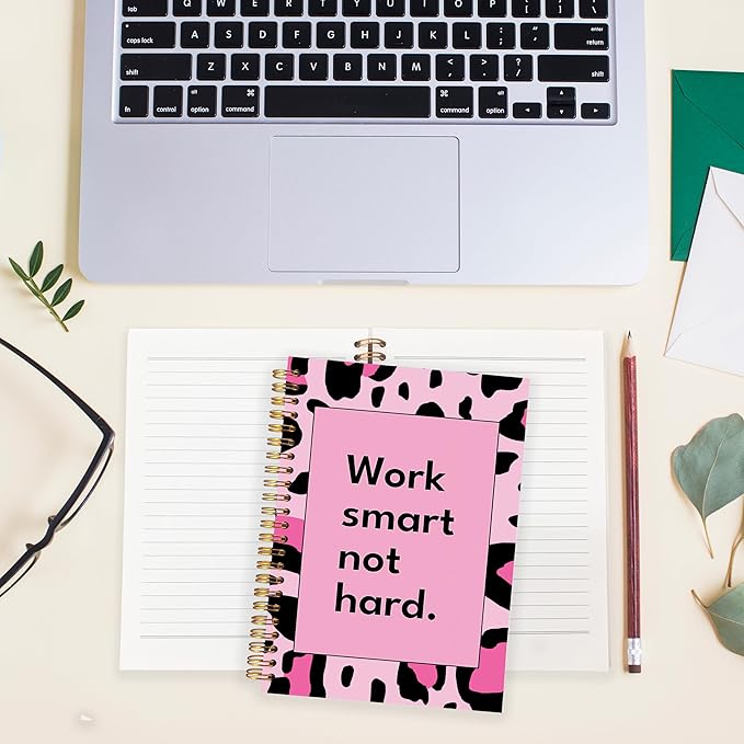 BearCake Hot Pink Leopard Preppy Notebook, Leopard Print Gifts for Women, Preppy Journal, Work Smart not Hard Hardcover Spiral Notebook 5.5x8.3, Leopard Print Office Supplies