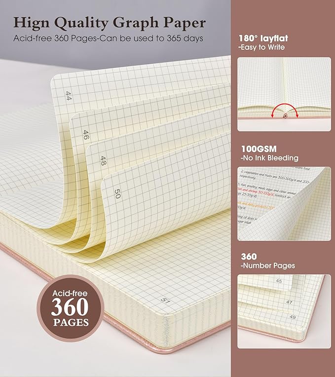 Graph Paper Notebook Journal, 360 Numbered Pages Grid Notebooks, Thick 100gsm Graphing Paper Notebook for Women Men, A5 Large Hardcover Leather Graph Journals for Writing Math 5.75'' × 8.38'' Pink
