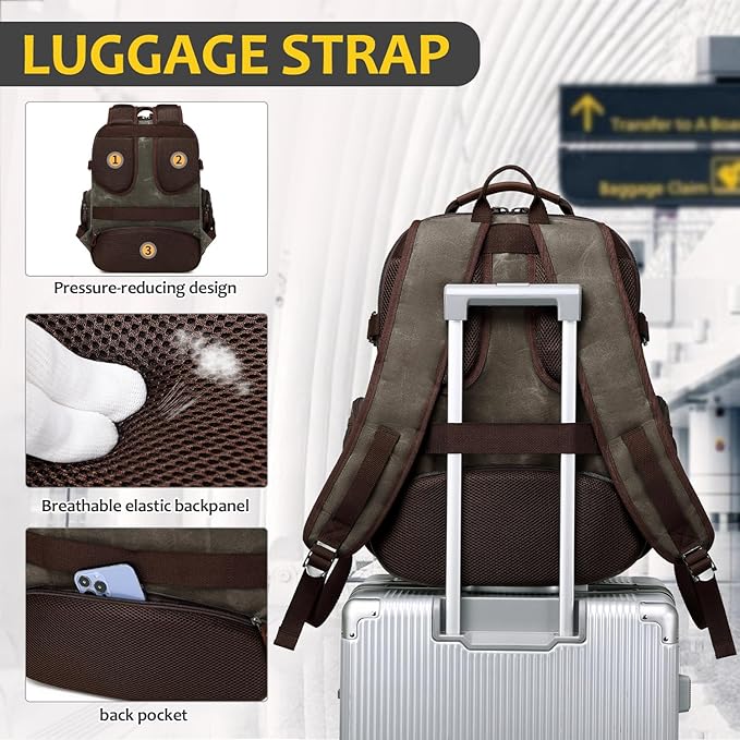 Travel Laptop Backpack 17.3 inch XL Computer Backpack for Men Waxed Canvas College Daypack Business Backpack Green