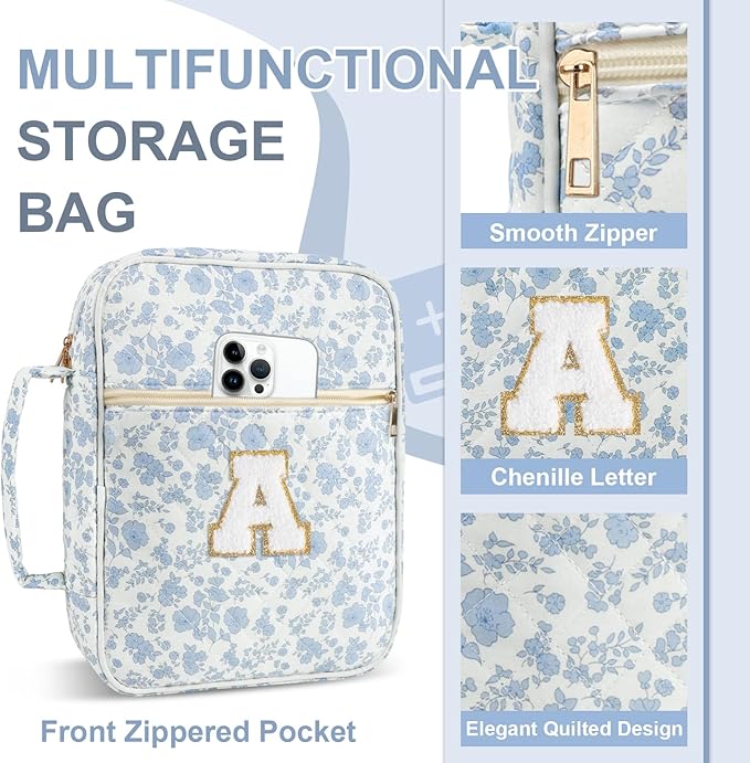 Personalized Initial Bible Cover Case for Women Girls Kid - Large Quilted Bible Case with Handle, Stylish Chenille Letter Bag Study Supplies, Perfect Christmas Gifts for Christians (Blue Flower-A)