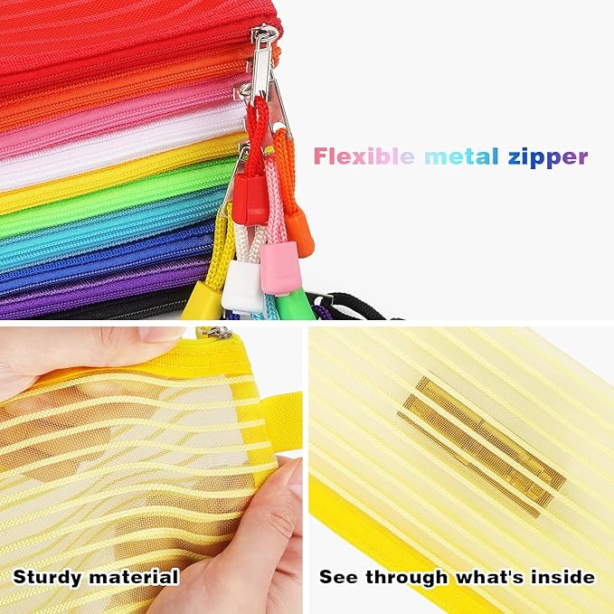 Tamaki 10 Pack Zipper Mesh Pouch Pencil Pouch Multicolor Pen Bag Multipurpose for Office Supplies Travel Storage Bags, 10 Colors