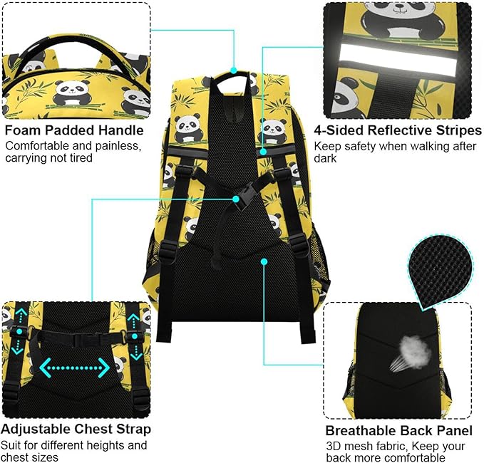 MNSRUU Laptop Backpack with Chest Strap, Panda and Bamboo School Backpack, Travel Hiking Backpack for Boys Girls Teen Adult, Rucksack, Knapsack