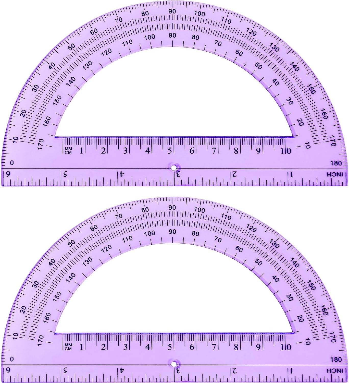 Zonon 2 Pcs 6 Inch Plastic Protractor Math Protractors 180 Degrees Angle Measurement, Translucent for Geometry Classroom Kid Student School Office Supplies(Purple)