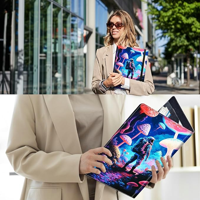 PU Leather Padfolio Clipboard Notepad with Pen Loop and Elastic Strap Interview/Resume Document Organizer for Business School Office,Astronaut Under Mushroom