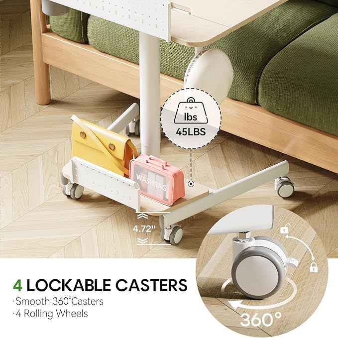 JOY worker Mobile Standing Desk with 60° Tiltable Desktop, 28" Height Adjustable Rolling Desk, DIY Pegboard & Storage Base, Portable Laptop Desk with 4 Lockable Wheels for Home Office, Oak