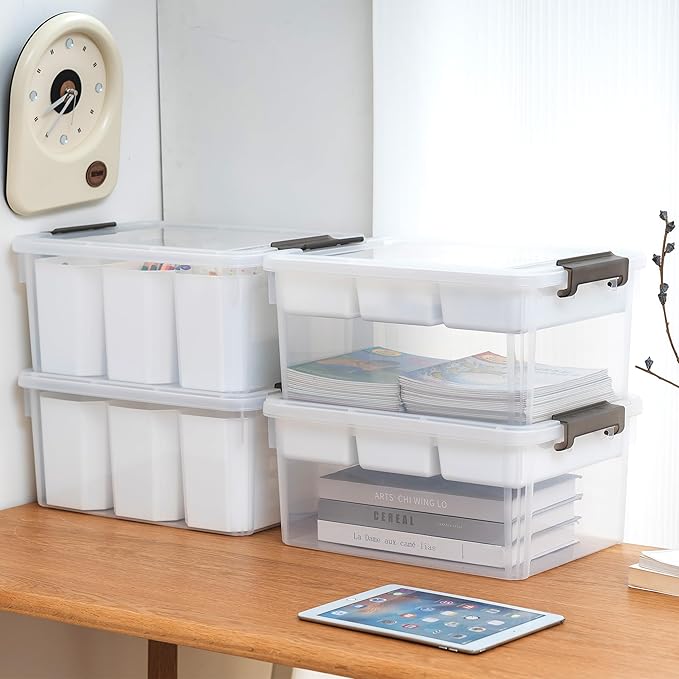 Citylife 17 QT Plastic Storage Box with Removable Tray and 6 Detachable Tall Inserts Craft Organizers and Storage Clear Storage Container for Organizing Crayon, Craft, Sewing, Playdoh, 4 Packs