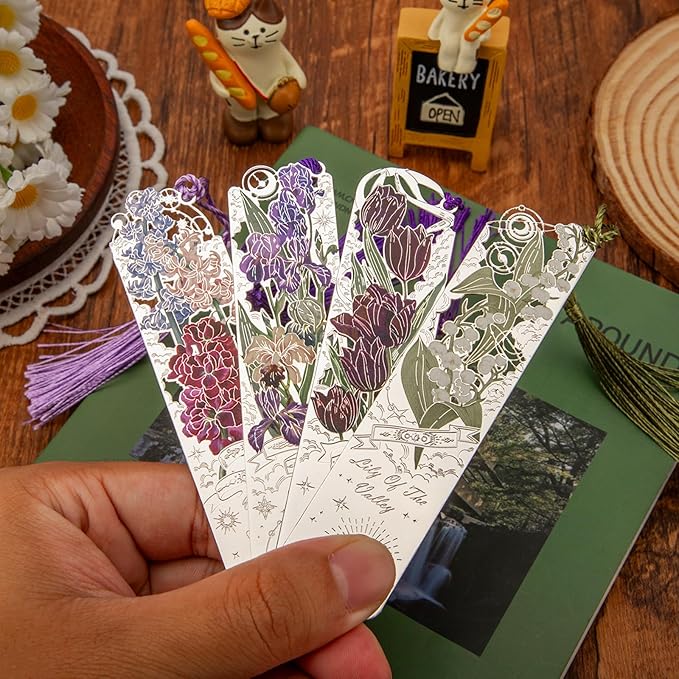 4 PCS Metal Bookmarks with Tassel, Iris, Violet, Tulip, Lily of The Valley Bookmark, Pretty Bookmarks for Women, Very Beautiful Bookmark, Metal Bookmarks Gifts, Graduation Gift(062-2)