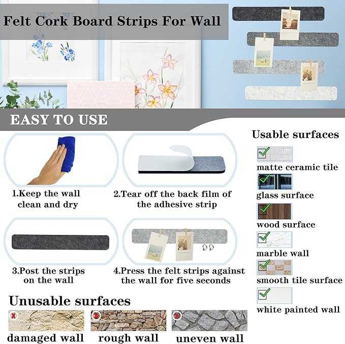 Gray Bulletin Board Strips, 8Pcs Felt Pin Board Bar Strips with 50 Pushpins, Self-Adhesive Felt Cork Board Strips for Wall to Display Your Notes, Photos, Schedules, Announcements