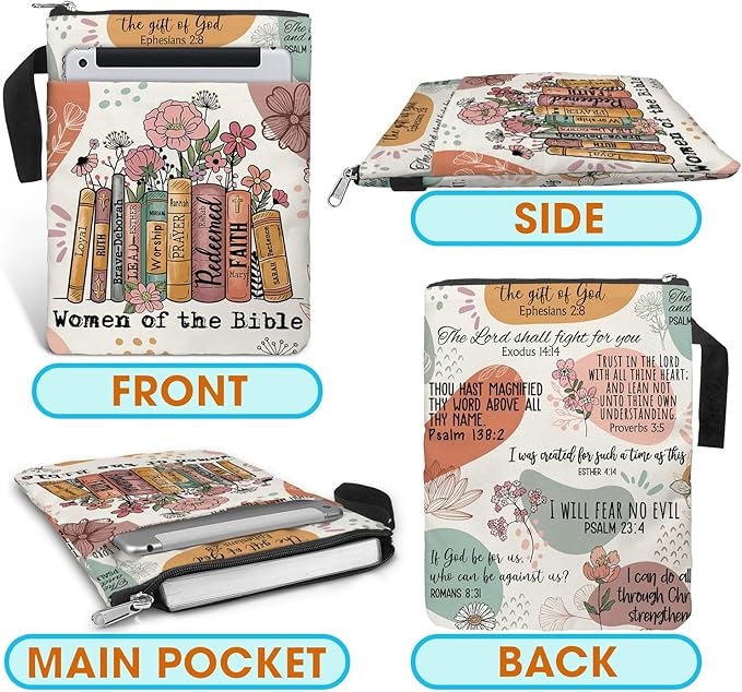 Book Sleeve. Christian Faith God Religious Gift. Bible Book Cover with Zipper and Front Pocket. Washable 11 X 8.5 Inch Padded Book Bag. Gift for Book Lovers. Women of The Bible