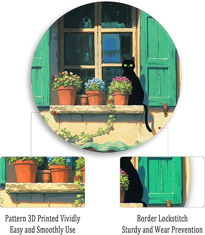 Gctriki Anime Black Cat Mouse Pad, Cute Round Computer Mouse Pads for Desk Laptop Gaming, Stitched Edge Non-Slip Rubber Base, Cute Cat Home Office Desk Accessories Decor for Women